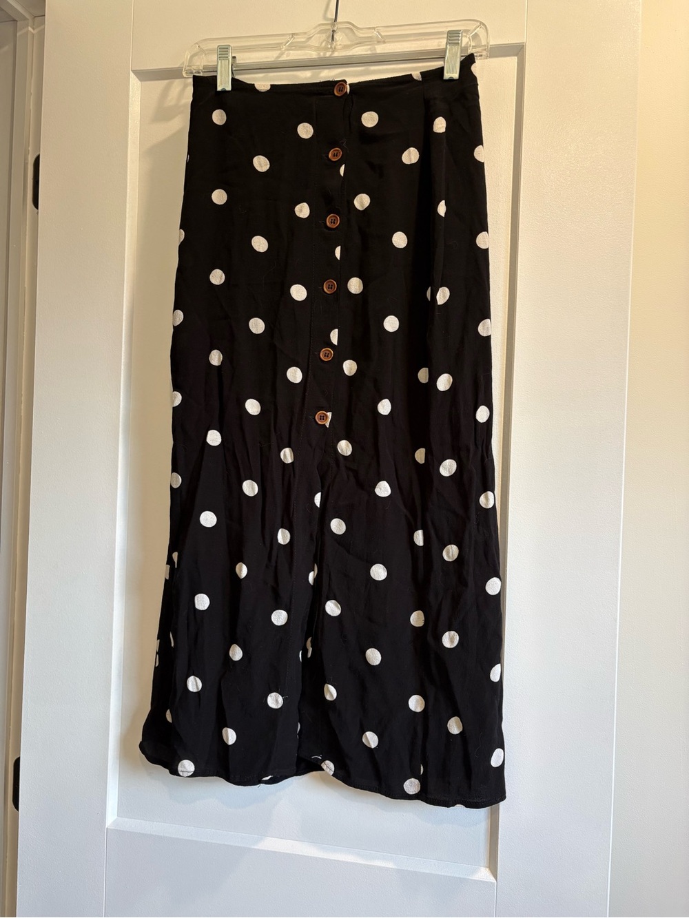 Free People Black Polka Dot Midi Skirt with Button Front